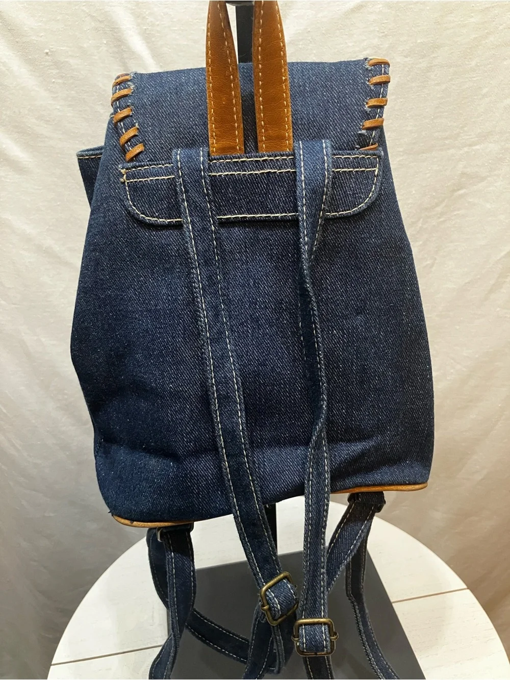 Denim Backpack with Tan Leather Accents - Casual Women's Daypack